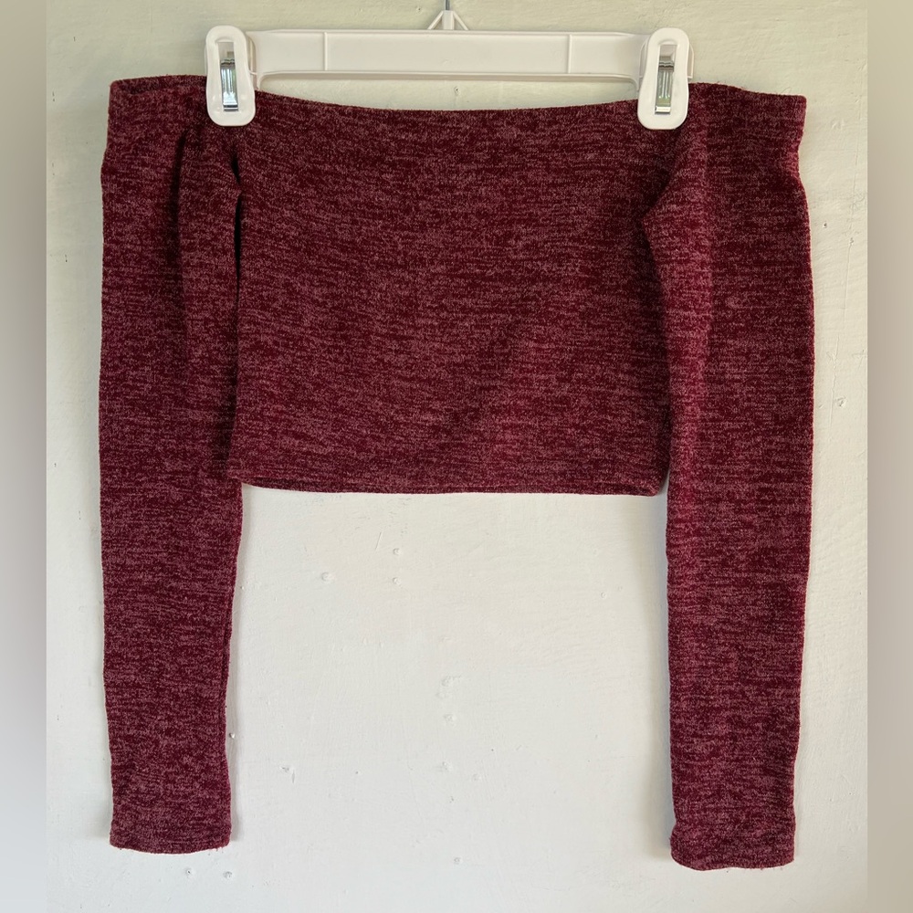 FASHION NOVA 2 Piece Set Heathered Red Mini Skirt Set Strapless Long Sleeve Top - Picture 7 of 8